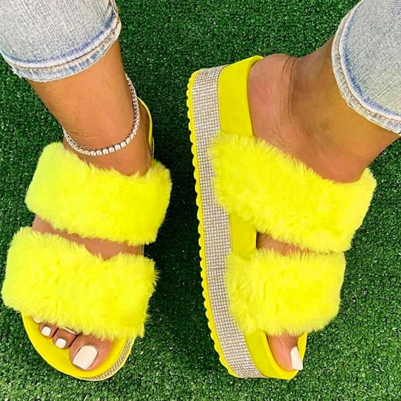 Lilgiuy Women's Slip on Platform Sandals Comfortable Open Toe Rhinestone Flatform Slide Sandals Fuzzy Two Strap Slipper for Dorm Shower (Yellow,10)