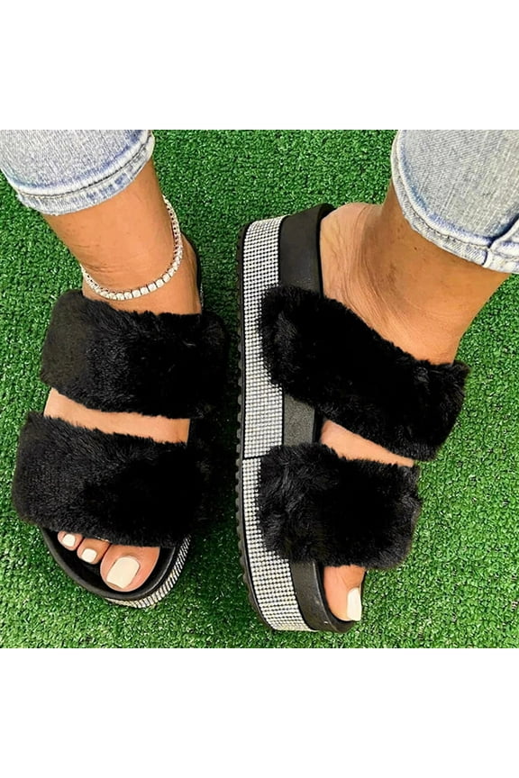 Women's Slip on Platform Sandals Comfortable Open Toe Rhinestone Flatform Slide Sandals Fuzzy Two Strap Slipper for Gym Exercise(Black,7)
