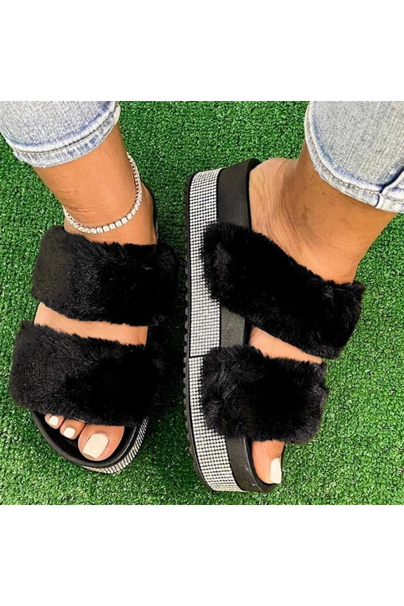 Women's Slip on Platform Sandals Comfortable Open Toe Rhinestone Flatform Slide Sandals Fuzzy Two Strap Slipper for Travel (Black,7.5)