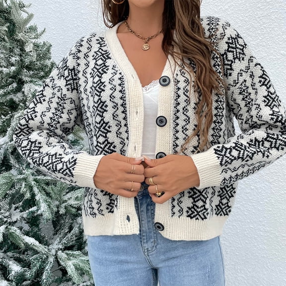 Lilgiuy Women's Snowflake Vertical Bar Breasted Loose Knit Cardigan Sweater Women's Autumn And Winter New Style White,4(S) Winter Fashion 2022