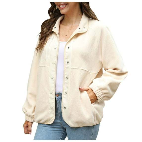 Lilgiuy Women's Solid Color Button Recreational Long Sleeve Lapel Coat Tops(Beige,8) Winter Clothes for 2022