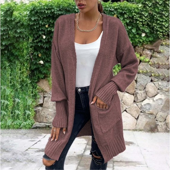 Lilgiuy Women's Solid Color Cardigan Wool Sweater Pocket Recreational Long Sleeve Tops 2022 Fall Winter
