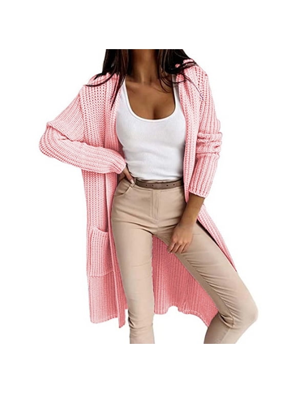 Women's Solid Color Cardigan Wool Sweater Pocket Recreational Long Sleeve Tops Pink,12(XXL) Winter Fashion 2022