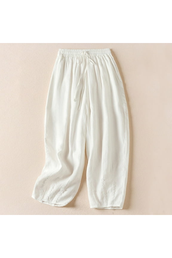 Women's Solid Color Casual Elasticated Frenulum Literary And Artistic Revival Flax Harlan Ninth Pants Cotton And Linen Plus Size Pants for Errands Exercise