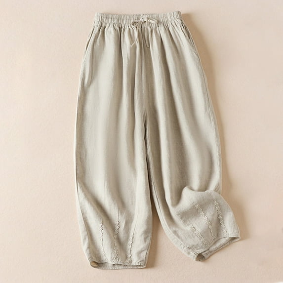 Lilgiuy Women's Solid Color Casual Elasticated Frenulum Literary And Artistic Revival Flax Harlan Ninth Pants Cotton And Linen Plus Size Pants Petite Classic Allure Fit Proportioned Pant