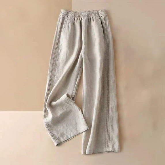 Lilgiuy Women's Solid Color Casual Pocket Elasticated Feeling Of Falling Cotton And Linen Straight Barrel Pants for Office Work Business