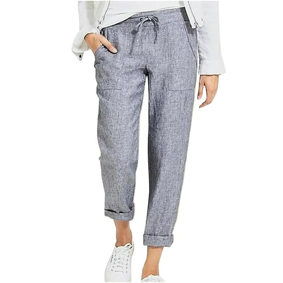 Lilgiuy Women's Solid Color Drawstring High Waist Pocket Loose Large Size Cotton Casual Pants Cooling Tactical Hiking Pants