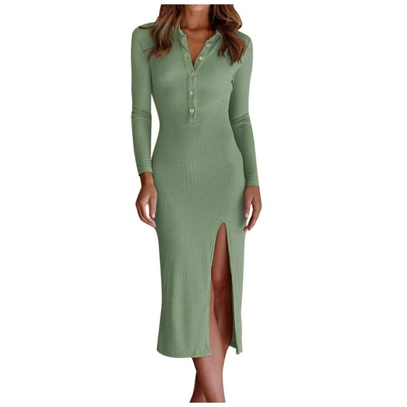 Lilgiuy Women's Solid Color Knitted Long Sleeve Split Fork Hip Lapel Dress Green Fall Dresses for 2022 Spring Winter
