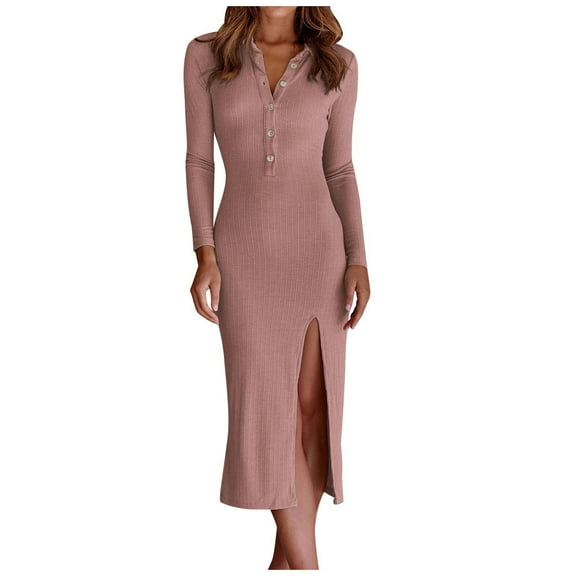 Lilgiuy Women's Solid Color Knitted Long Sleeve Split Fork Hip Lapel Dress Pink Fall Dresses for 2022 Spring Winter