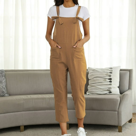 Lilgiuy Women's Solid Color Large Size Literary Straps Casual Trousers Jumpsuit Fall Fashion 2022 Spring Winter