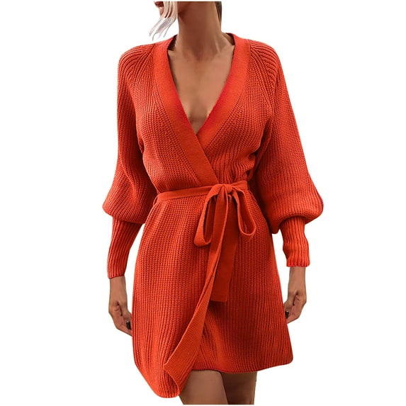 Lilgiuy Women's Solid Color Long Sleeve Straps Cardigan Long Sweater Coat，Orange,4 Winter Dresses for 2022