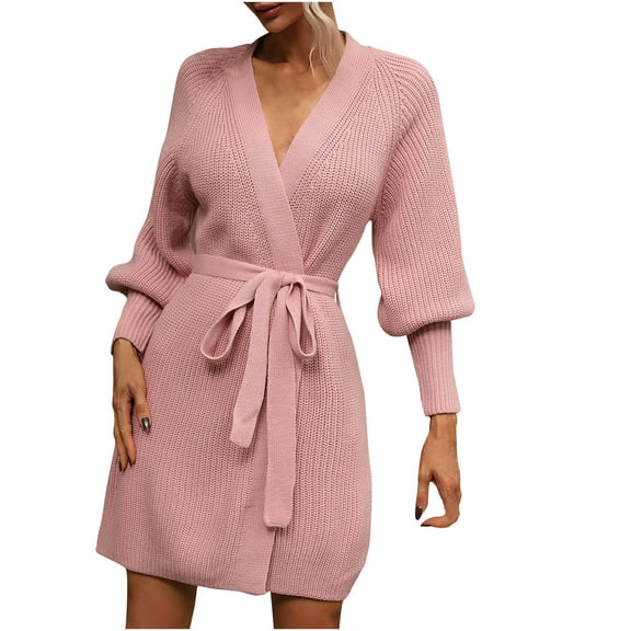 Lilgiuy Women's Solid Color Long Sleeve Straps Cardigan Long Sweater Coat，Pink,4 Winter Fashion 2022