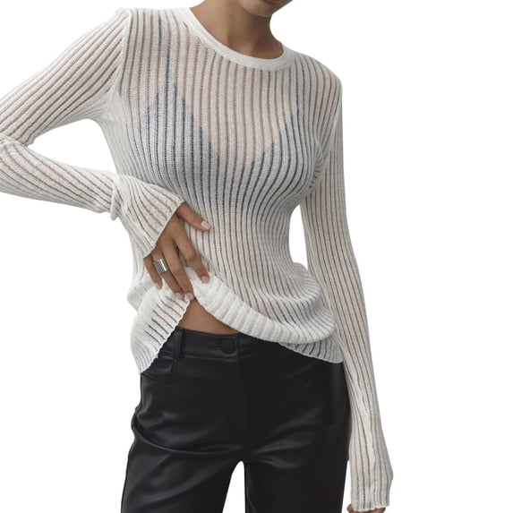 Lilgiuy Women's Solid Color Long-sleeved Pitted Round Neck Breathable Knitted Hollow Blouse Sweater for Holiday Travel Beach