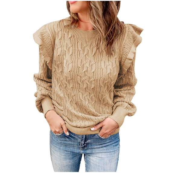 Lilgiuy Women's Solid Color Sweater Loose Bottomed Sweater Top Long Sleeve Round Neck Top Round Neck Sweater Khaki Winter Fashion 2022
