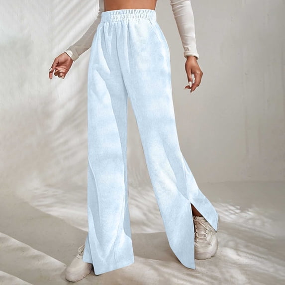 Lilgiuy Women's Solid Corduroy Splicing Slit Hem Trousers Petite Classic Fit Proportioned Pant