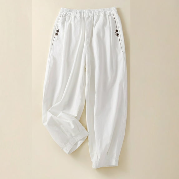 Lilgiuy Women's Solid Elastic Embroidered Cotton Hemp Capris Petite Classic Allure Fit Proportioned Pant