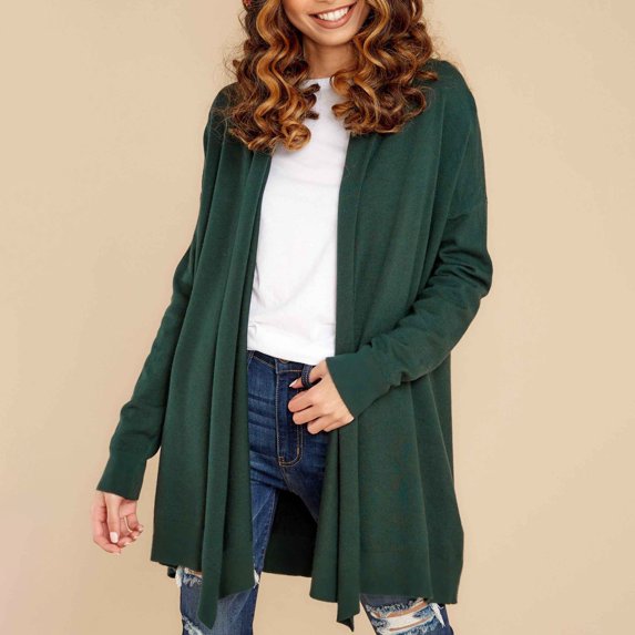 Lilgiuy Women's Solid Open Front Medium and Long Blouse Long Sleeve Hoodless Casual Outwear Loose Tops Green,4(S) Fall Fashion for 2022 Spring Winter