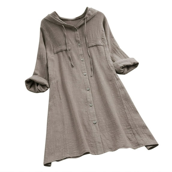 Lilgiuy Women's Spring And Autumn Cotton And Linen Hooded Long-Sleeved Top Shirt Coat Solid Color Button Mid-Length Coat(Gray,L) for 2022