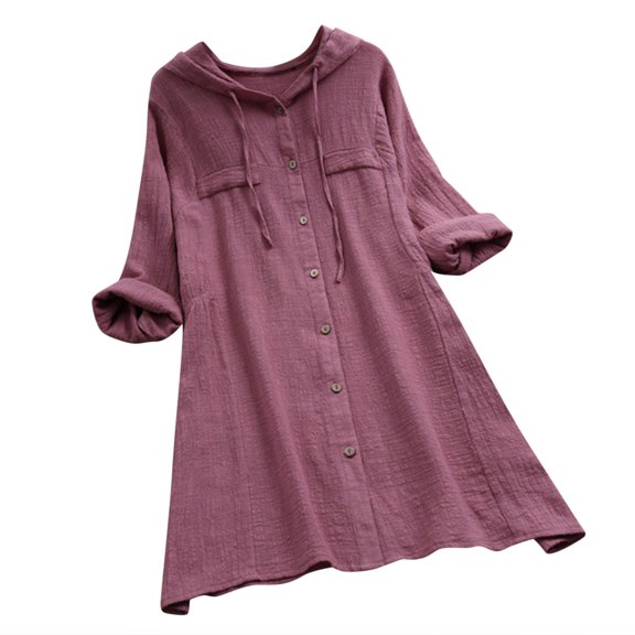 Lilgiuy Women's Spring And Autumn Cotton And Linen Hooded Long-Sleeved Top Shirt Coat Solid Color Button Mid-Length Coat(Purple,S) Winter Clothes for 2022