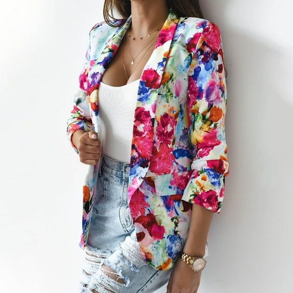 Lilgiuy Women's Spring And Autumn Lapel Print Temperament Slim Fit Small Blazer Fall Dresses for 2022 Spring Winter