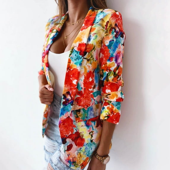 Lilgiuy Women's Spring And Autumn Lapel Print Temperament Slim Fit Small Blazer(Orange,XL) Winter Clothes for 2022