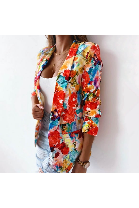 Women's Spring And Autumn Lapel Print Temperament Slim Fit Small Blazer(Orange,XXL) Winter Clothes for 2022