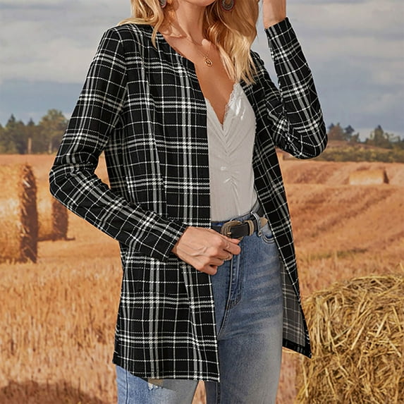 Lilgiuy Women's Spring And Autumn Round Neck Check All-Match Coat Cardigan Women'S Top Winter Fashion 2022