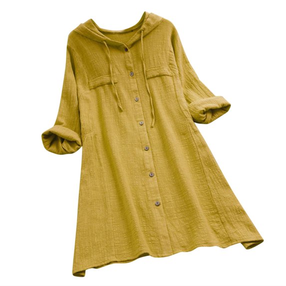 Lilgiuy Women's Spring And Autumn Cotton And Linen Hooded Long-Sleeved Top Shirt Coat Solid Color Button Mid-Length Coat(Yellow,XL) Winter Fashion 2022