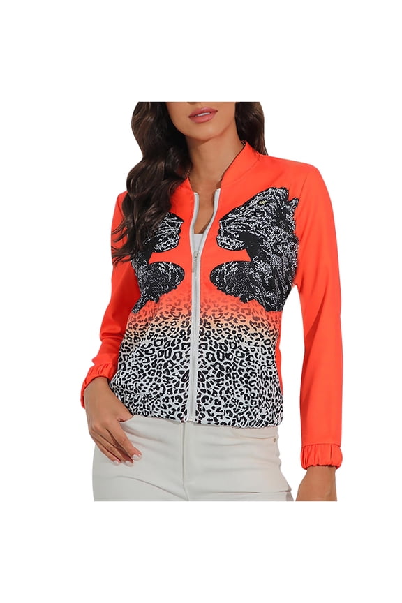 Women's Spring Autumn Print Zip Long Sleeve Slim Fit Jacket(Red,4) Fall Fashion 2022 Spring Winter