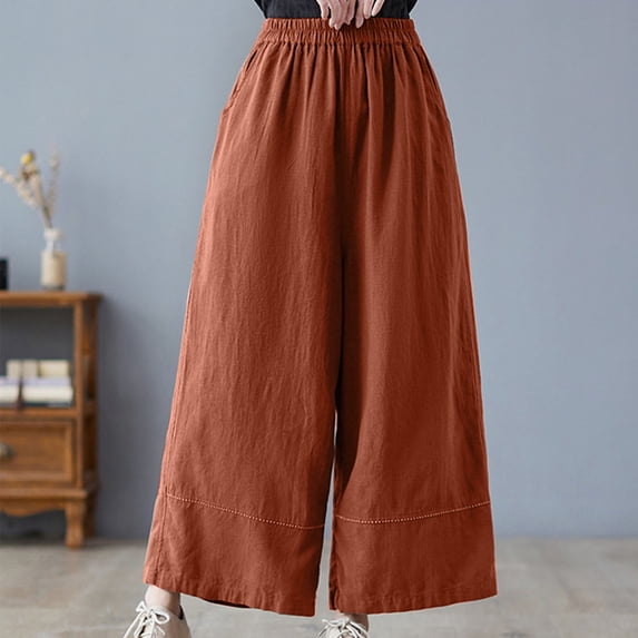 Lilgiuy Women's Spring Solid Color Elastic Waist Cotton Linen Versatile Straight Tube Casual Wide Leg Pants for Beach Hawaii Vacation