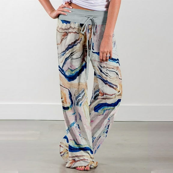 Lilgiuy Women's Spring/Summer High Waist Pants Printed Fashion Flower Print Waist Wide Leg Pants Hiking Work Ankle Dress Pants