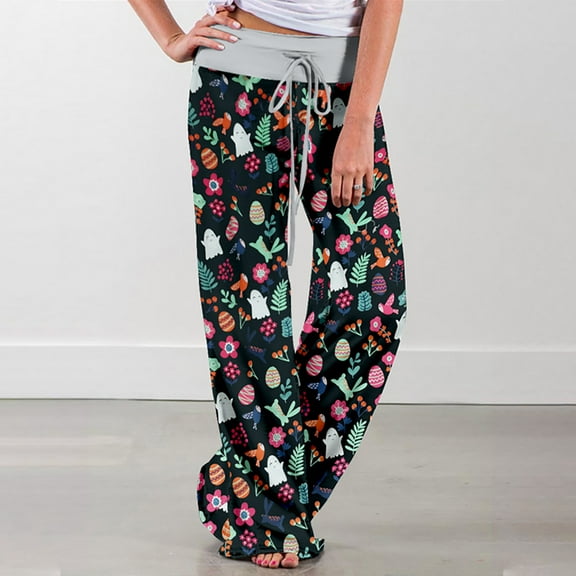 Lilgiuy Women's Spring/Summer High Waist Pants Printed Fashion Flower Print Waist Wide Leg Pants for Photoshoot Holiday Birthday