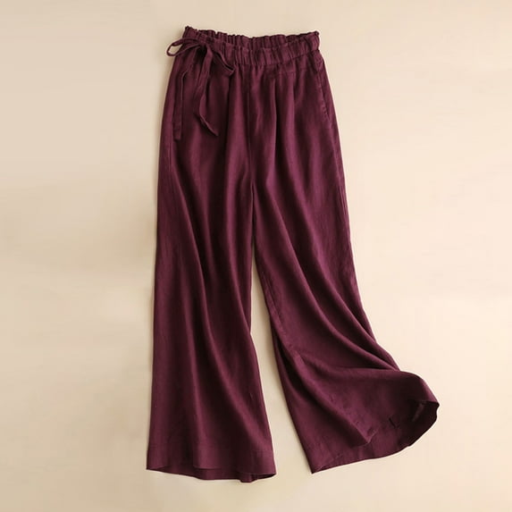 Lilgiuy Women's Spring Summer Solid Color Leisure Retro Drawstring Side Frenulum High Waist Broad Leg Pants Plus Size Pants for Errands Exercise