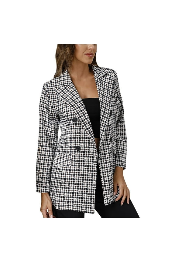 Women's Spring Swing Bird Check Lapel Two-Breasted Long Sleeve Jacket(Black,8) Dresses for 2022