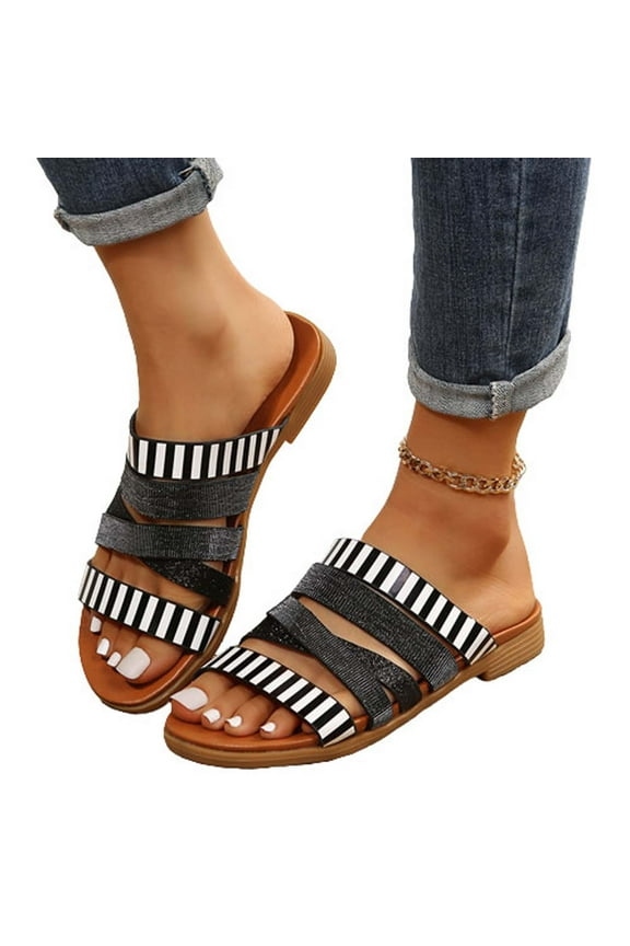 Women's Strappy Flat Sandals Comfortable Slip on Round Open Toe Slide Sandals Women Dressy Summer Flat Beach Slippers for Work Office Business(Black,5.5)