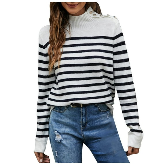Lilgiuy Women's Striped Knitted Sweater Recreational Long Sleeves Stand Collar Buttons Pullover Sweater, Black ,2(XS) Winter Clothes for 2022