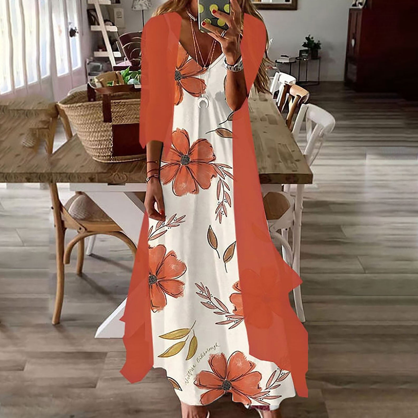 knee length dresses for ladies Cream Floral Smocked Long Sleeve Maxi Dress main image 1