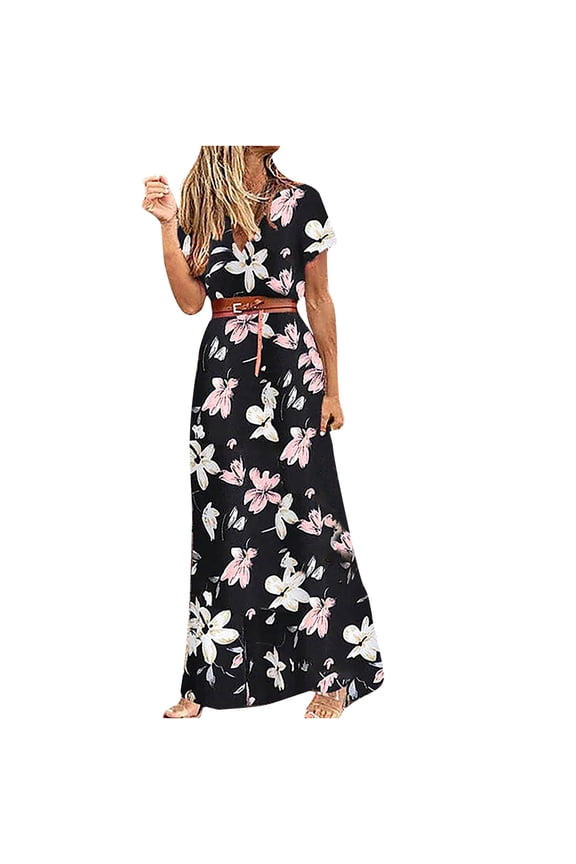 Women's Summer Casual Short Sleeve Boho Printed Summer V-Neck With Belt Dresses Black,10 2022 Fall Winter
