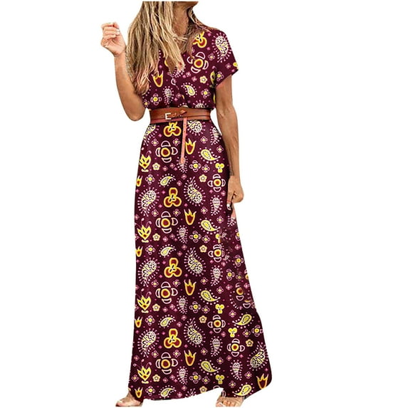 Lilgiuy Women's Summer Casual Short Sleeve Boho Printed Summer V-Neck With Belt Dresses Wine,6 2022 Fall Winter