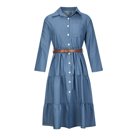 Lilgiuy Women's Summer Fashion Denim Lapel Denim Square Neck Panelled Buttoned Midi Shirt Dress Plus Size Beachdress