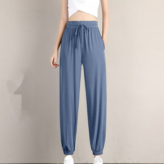 Lilgiuy Women's Summer Fashion Ice Silk Bundle Feet High Waist Pocket Casual Pants Travel Athletic Business Ankle Pants