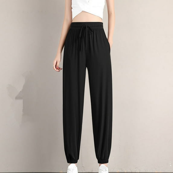 Lilgiuy Women's Summer Fashion Ice Silk Bundle Feet High Waist Pocket Casual Pants Travel Tactical Streetwear Pants