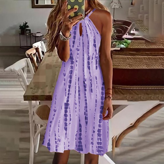 Lilgiuy Women's Summer Fashion Printed V-Neck Sleeveless Casual Belt Swing Slip Dress Elastic Waist Swing Sun Vocation Dress