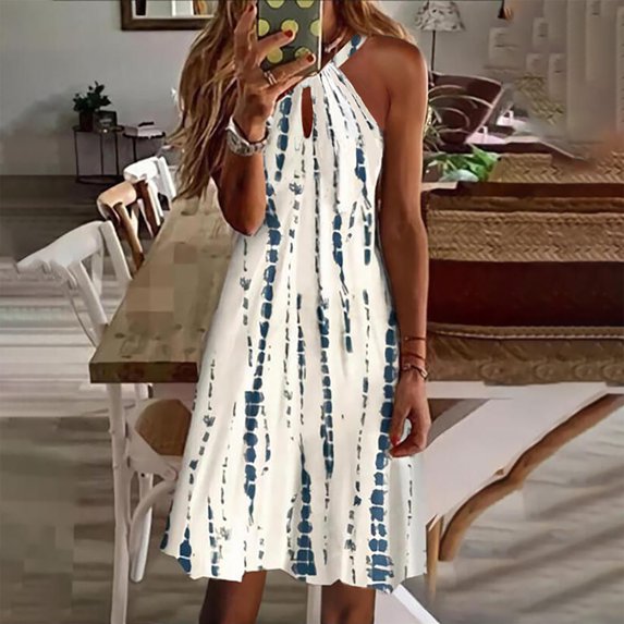 Lilgiuy Women's Summer Fashion Printed V-Neck Sleeveless Casual Belt Swing Slip Dress for Beach Holiday Travel