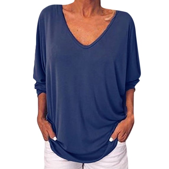 Lilgiuy Women's Summer V-neck Bat 3/4 Sleeve Solid Color Tops