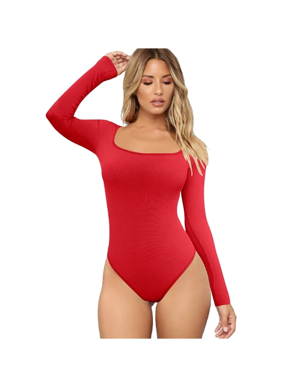 Women's Threaded Low Neck Long Sleeve Tank Top Skinny Bodysuit for Home Leisure