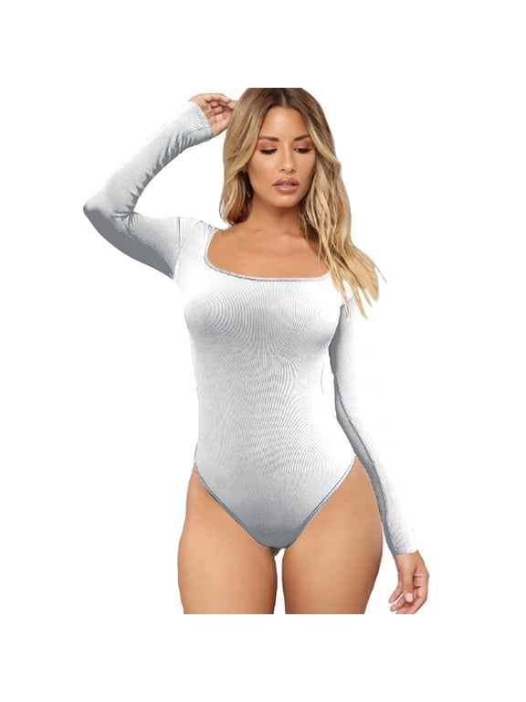 Women's Threaded Low Neck Long Sleeve Tank Top Skinny Bodysuit for School College