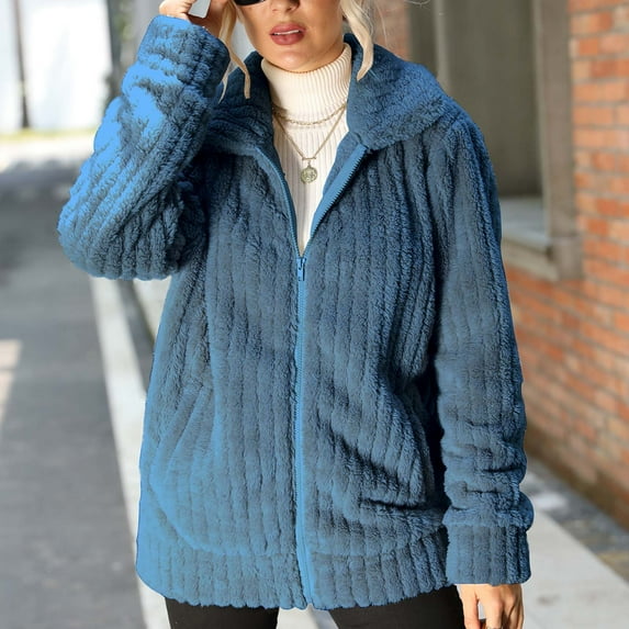 Lilgiuy Women's Top Cardigan Outwear Plush Solid Color Suit Coat Long Sleeve Coat Blue,8(L) Winter Clothes for 2022