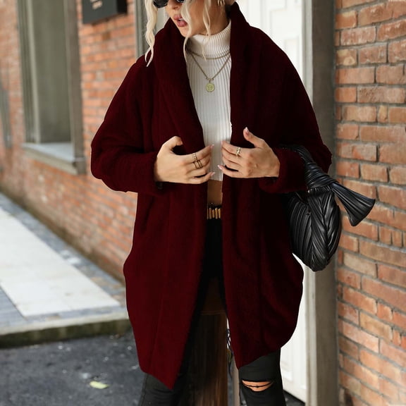 Lilgiuy Women's Top Cardigan Outwear Plush Solid Color Suit Coat Long Sleeve Coat Wine，4（S） Winter Fashion 2022