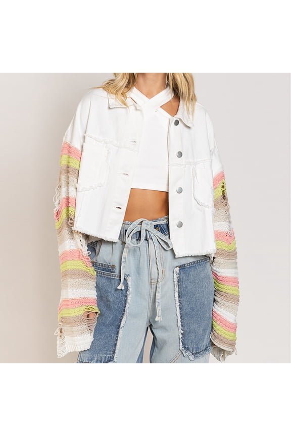 Women's Trend Splicing Solid Color Buttoned Long Sleeve Jacket Short Denim Jacket 2022 Fall Winter